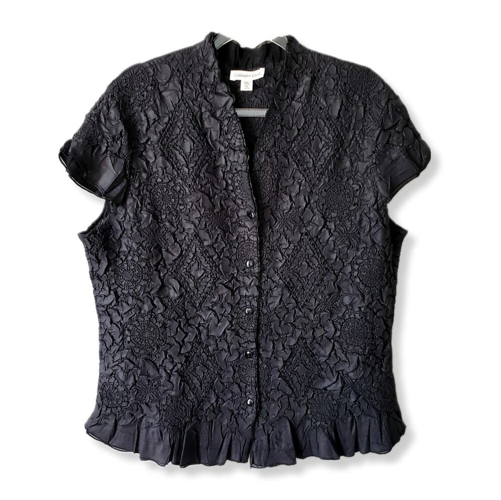 VTG Coldwater Creek Women Popcorn Pleat Top PL Black lightweight Career NEW
